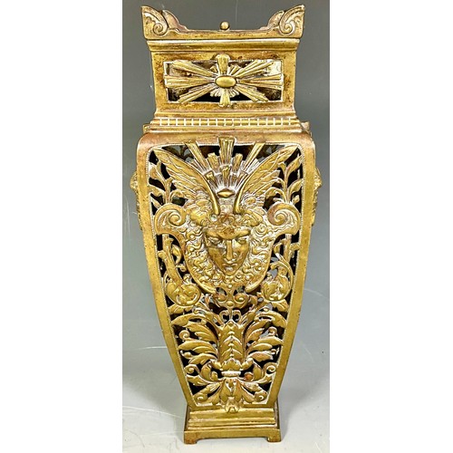 346 - FRENCH PIERCED SQUARE SECTION TAPERED BRASS VASE WITH STARBURST PANELS WITH MASK OF HERMES DEPICTION... 