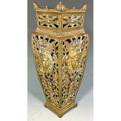 346 - FRENCH PIERCED SQUARE SECTION TAPERED BRASS VASE WITH STARBURST PANELS WITH MASK OF HERMES DEPICTION... 