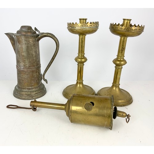 347 - BRASSWARE INC PAIR IF CANDLESTICKS , MEAT JACK  & RUBBED SILVER PLATED TANKARD / JUG