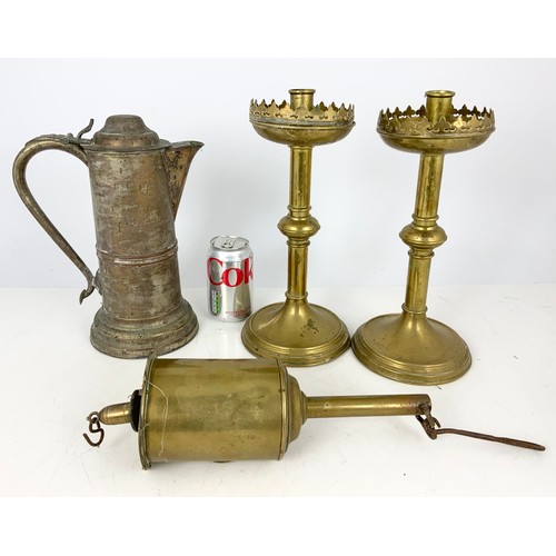 347 - BRASSWARE INC PAIR IF CANDLESTICKS , MEAT JACK  & RUBBED SILVER PLATED TANKARD / JUG