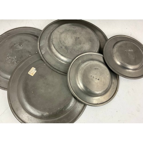 336 - PEWTER CHARGERS AND PLATES, largest approx. 42cm dia. G.Low maker