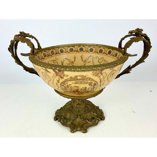 340 - STONEWARE BOWL, APPROX. 30cm dia WITH GILT METAL PEDESTAL, RIM AND ACANTHUS LEAF HANDLES