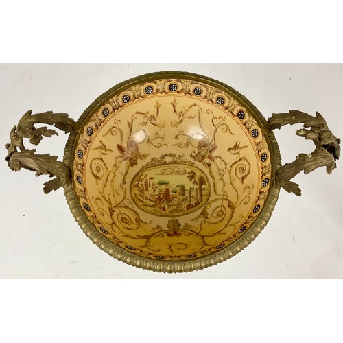 340 - STONEWARE BOWL, APPROX. 30cm dia WITH GILT METAL PEDESTAL, RIM AND ACANTHUS LEAF HANDLES