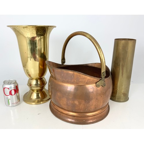 348 - LARGE BRASS TRUMPET VASE 35cm TALL, COPPER COAL SCUTTLE , ARTILLERY SHELL DATED 1954