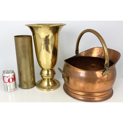 348 - LARGE BRASS TRUMPET VASE 35cm TALL, COPPER COAL SCUTTLE , ARTILLERY SHELL DATED 1954