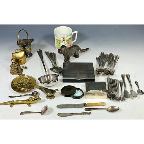 349 - MISC. ITEMS INC.  HALLMARKED SILVER CIGGARETTE BOX BRASS BELLS, 2 ANIMALS NUTCRACKERS, PLATED SILVER... 