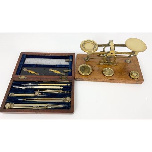 370 - BRASS LETTER SCALES, BRASS BELL AND DRAWING SET IN MAHOGANY CASE