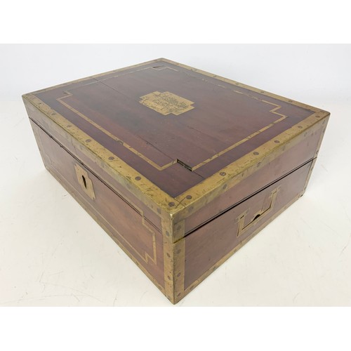 385 - BRASS BOUND WRITING BOX WITH SECRET COMPARTMENT