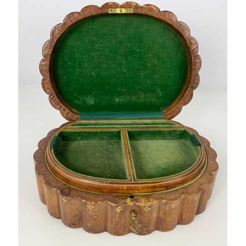 398 - FLUTED  TOOLED LEATHER JEWELLERY BOX WITH KEY WIDTH 25cm