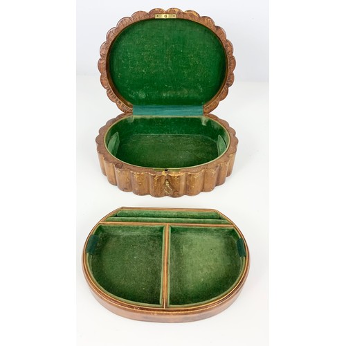 398 - FLUTED  TOOLED LEATHER JEWELLERY BOX WITH KEY WIDTH 25cm