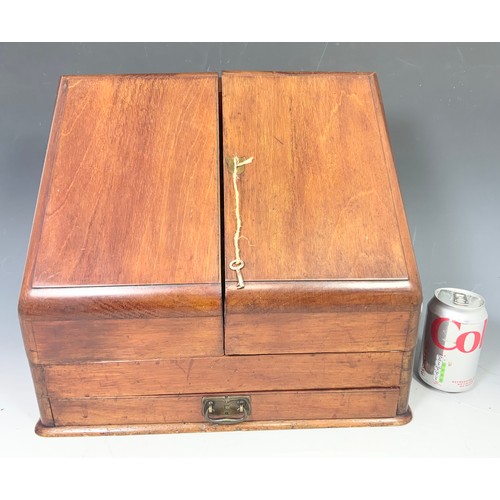 387 - VICTORIAN MAHOGANY STATIONARY BOX WITH SLOPING FRONT AND HINGED DOORS WIDTH 41cm