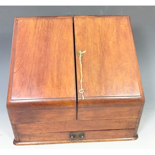 387 - VICTORIAN MAHOGANY STATIONARY BOX WITH SLOPING FRONT AND HINGED DOORS WIDTH 41cm