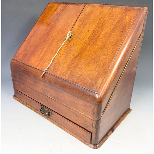 387 - VICTORIAN MAHOGANY STATIONARY BOX WITH SLOPING FRONT AND HINGED DOORS WIDTH 41cm