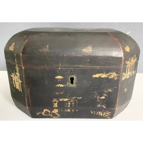 395 - BLACK LACQUERED CHINOISERIE TEA CADDY, OCTAGONAL FORM, WITH FITTED INTERIOR