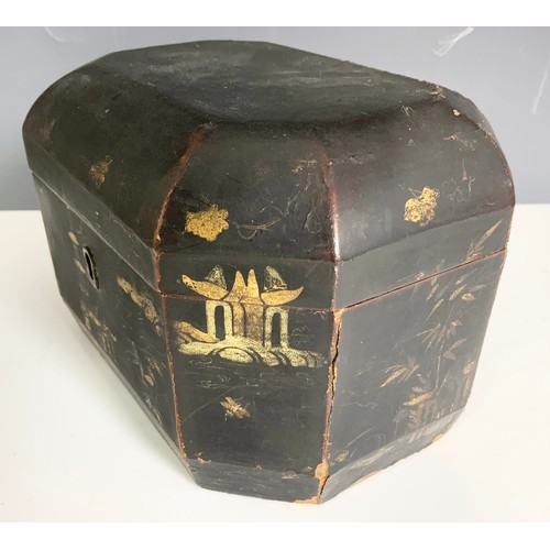 395 - BLACK LACQUERED CHINOISERIE TEA CADDY, OCTAGONAL FORM, WITH FITTED INTERIOR