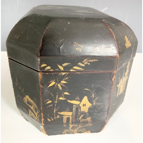 395 - BLACK LACQUERED CHINOISERIE TEA CADDY, OCTAGONAL FORM, WITH FITTED INTERIOR