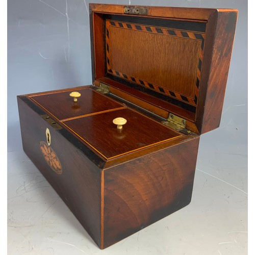 396 - GOOD QUALITY INLAID MAHOGANY FITTED TEA CADDY WIDTH 24cm