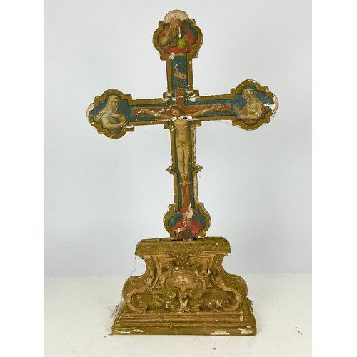 417 - GILTWOOD ICON IN THE FORM OF A CRUCIFX ON STAND, APPROX. 60 cm