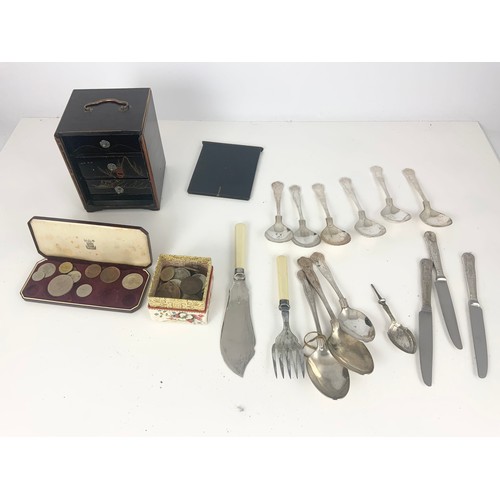 328 - MISC. LOT COMPRISING PLATED VINERS AND OTHER FLATWARE, LACQUERED 3 DRAWER TABLE CABINET AND MISC. CO... 