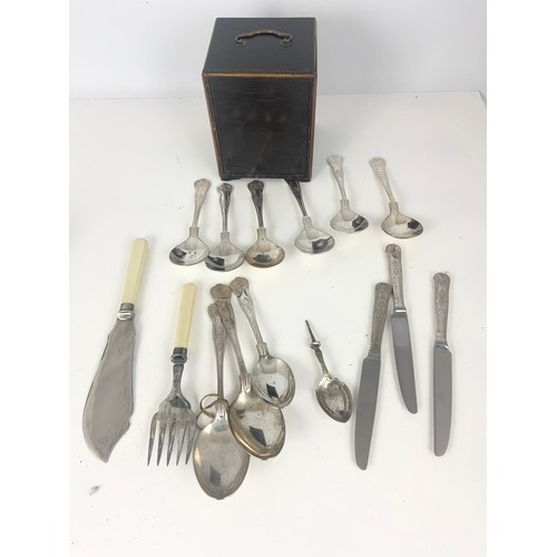 328 - MISC. LOT COMPRISING PLATED VINERS AND OTHER FLATWARE, LACQUERED 3 DRAWER TABLE CABINET AND MISC. CO... 