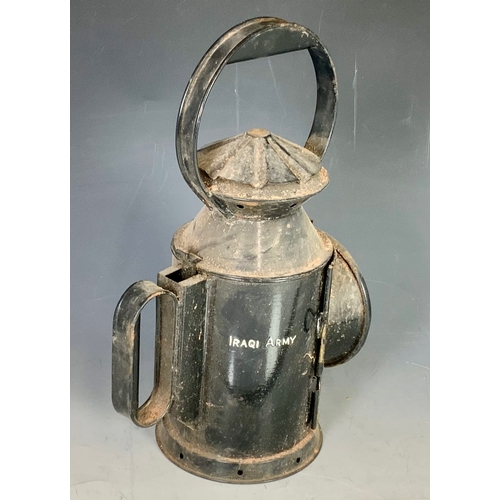 274 - RAILWAY OR MILITARY RAILWAY LAMP, A PIE CRUST TOPPED 3 ASPECT LAMP MARKED IRAQUI ARMY WITH BURNER