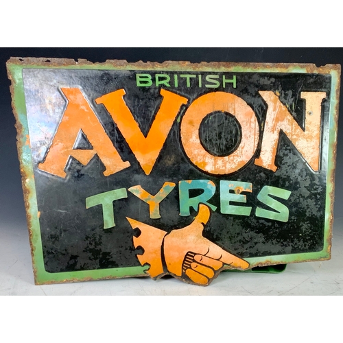 1 - AN EARLY BRITISH AVON TYRES ENAMEL ADVERTISING SIGN WITH HAND, DOUBLE SIDED WITH PART FLANGE, APPROX... 