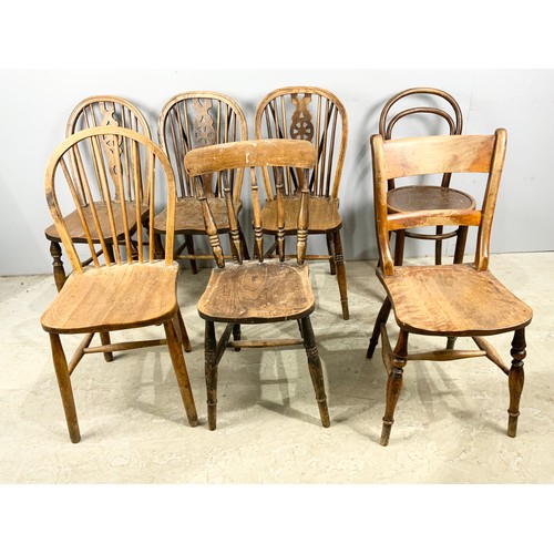 713 - COLLECTION OF MISC. CHAIRS INCLUDING THREE WHEELBACK CHAIRS, A BAR BACK AND A STICK BACK, A THONET C... 