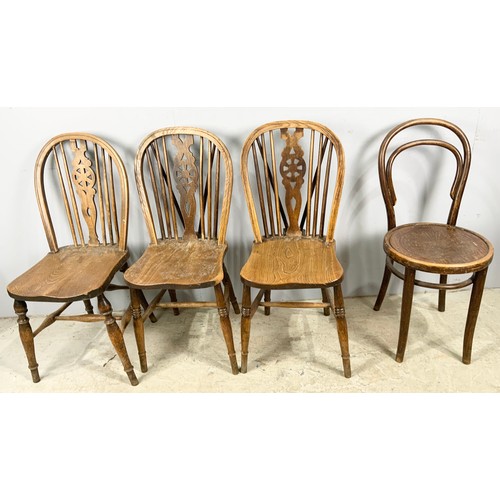 713 - COLLECTION OF MISC. CHAIRS INCLUDING THREE WHEELBACK CHAIRS, A BAR BACK AND A STICK BACK, A THONET C... 