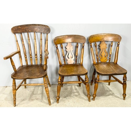 714 - 3 KITCHEN  FARMHOUSE CHAIRS.   A KITCHEN ARM CHAIR  AND 2 KITCHEN SPLAT BACK CHAIRS