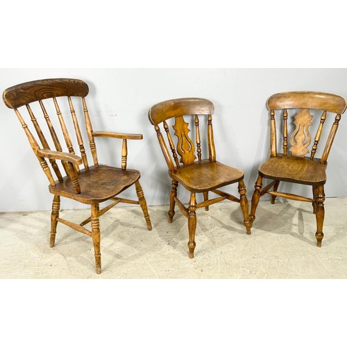 714 - 3 KITCHEN  FARMHOUSE CHAIRS.   A KITCHEN ARM CHAIR  AND 2 KITCHEN SPLAT BACK CHAIRS