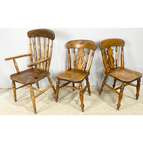 714 - 3 KITCHEN  FARMHOUSE CHAIRS.   A KITCHEN ARM CHAIR  AND 2 KITCHEN SPLAT BACK CHAIRS