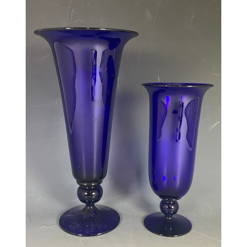 275 - 2 BRISTOL BLUE IMPERIAL  TRUMPET VASES TALLEST 30cm