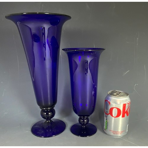 275 - 2 BRISTOL BLUE IMPERIAL  TRUMPET VASES TALLEST 30cm