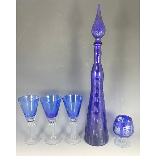 272 - MID CENTURY MODERN EMPOLI ITALIAN GENIE BOTTLE COBALT BLUE 65cm TALL, 3 HAND BLOWN OVERSIZED WINE & ... 