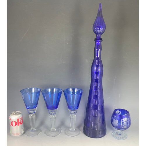 272 - MID CENTURY MODERN EMPOLI ITALIAN GENIE BOTTLE COBALT BLUE 65cm TALL, 3 HAND BLOWN OVERSIZED WINE & ... 