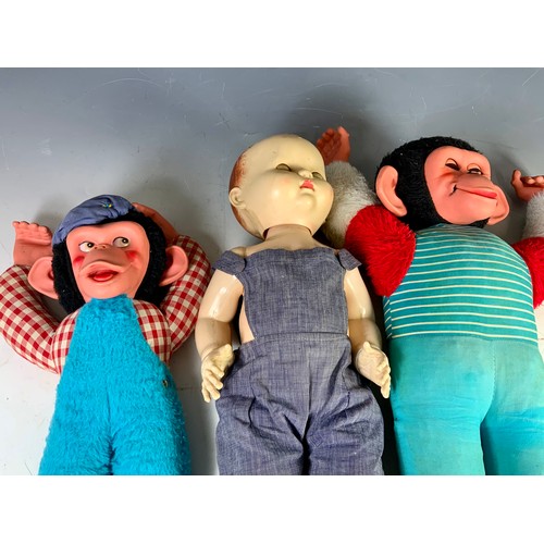 58 - 2 VINTAGE JACKO MONKEY TOYS, APPROX 40 AND 55 CM, PLUS A VINTAGE PEDIGREE DOLL, WITH SPEAKER, APPROX... 