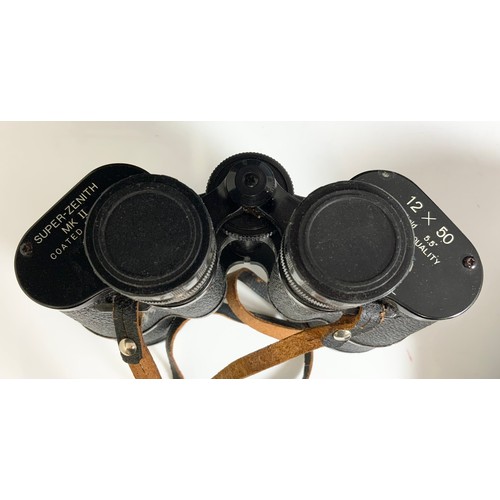 425 - CASED SUPER ZENITH MKII 12 X 50 BINOCULARS, A YASHICA CAMERA AND VARIOUS LENSES