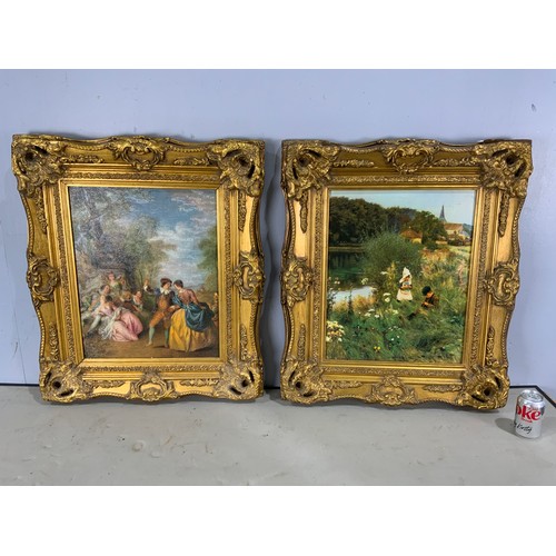 17 - PAIR OF PICTURES ON CANVAS IN ORNATE FRAMES TOGETHER WITH TWO OTHER PICTURES