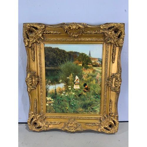 17 - PAIR OF PICTURES ON CANVAS IN ORNATE FRAMES TOGETHER WITH TWO OTHER PICTURES