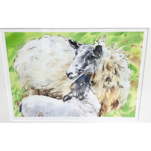 39 - 3 TIA LAMBERT WATERCOLOUR & PEN PAINTINGS  TITLED SHEEP IN THE SNOW, MOTHERS MEETING, & EWE & LAMB