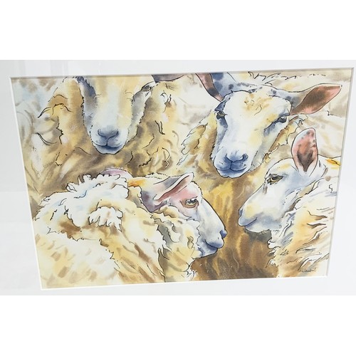 39 - 3 TIA LAMBERT WATERCOLOUR & PEN PAINTINGS  TITLED SHEEP IN THE SNOW, MOTHERS MEETING, & EWE & LAMB