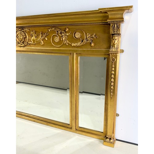 71 - EGYPTIAN REVIVAL GILT FRAMED OVER MANTLE MIRROR WITH 3 BEVELLED PLATES 133cm x 74cm