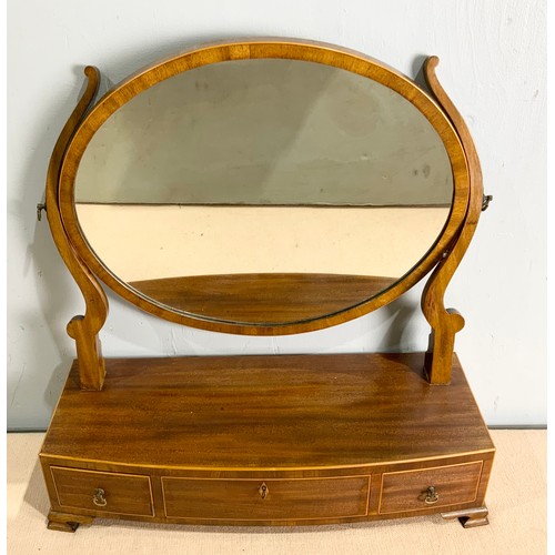 65 - MIRROR ON INLAID MAHOGANY BOW FRONT 3 DRAWER STAND WIDTH 55cm