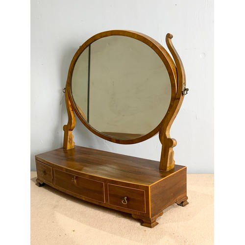 65 - MIRROR ON INLAID MAHOGANY BOW FRONT 3 DRAWER STAND WIDTH 55cm