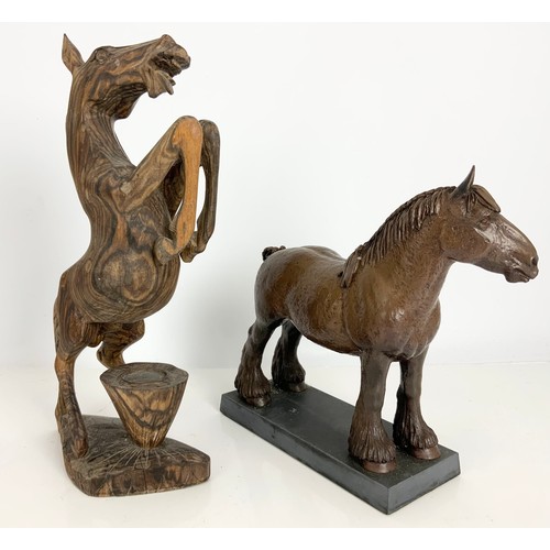 120 - RESIN SHIRE HORSE FIGURE TOGETHER WITH A CARVED WOODEN REARING HORSE 34.5cm TALL