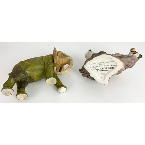 105 - PORCELAIN ELEPHANT  ROYAL WORCESTER /  DUX ? FIGURE A/F AND A BULL TOGETHER WITH A FRANKLIN MINT SNO... 