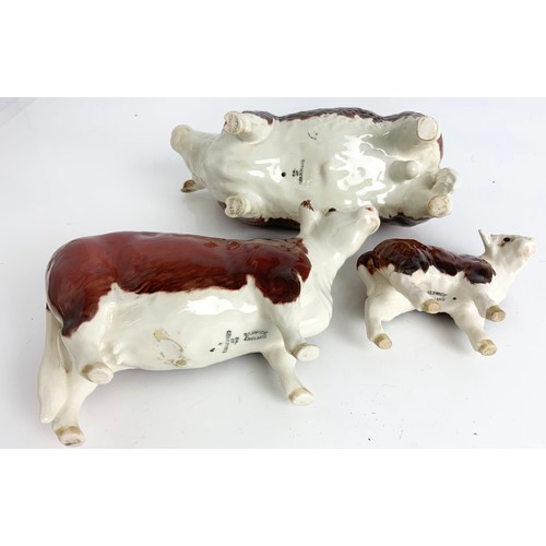 100 - BESWICK HEREFORD CATTLE. A BULL , COW AND CALF MODELS