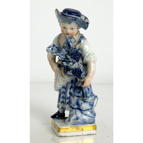 126 - SMALL MEISSEN FIGURINE, BLUE AND WHITE PUNCHED DECORATION POTTERY BASKET AND A CREAM PIERCED DECORAT... 