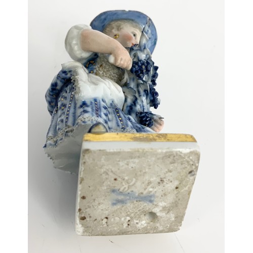 126 - SMALL MEISSEN FIGURINE, BLUE AND WHITE PUNCHED DECORATION POTTERY BASKET AND A CREAM PIERCED DECORAT... 