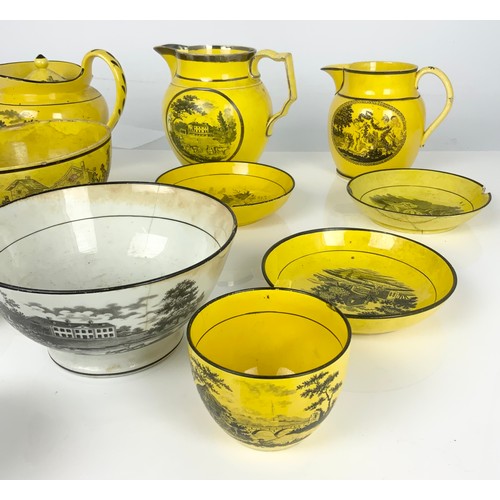 156 - QTY. 19TH CENTURY STAFFORDSHIRE POTTERY CANARY YELLOW WARE WITH BLACK TRANSFER DECORAION TOGETHER WI... 